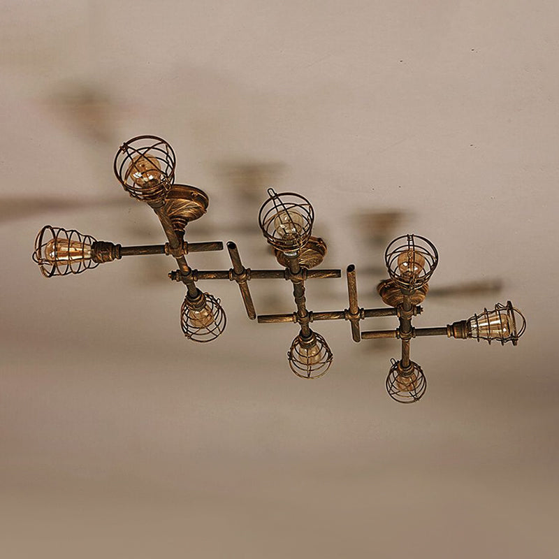 Vintage Industrial Brass Wire Cage Semi-Flush Light With Pipe - 4/6/8 Heads For Living Room Ceiling