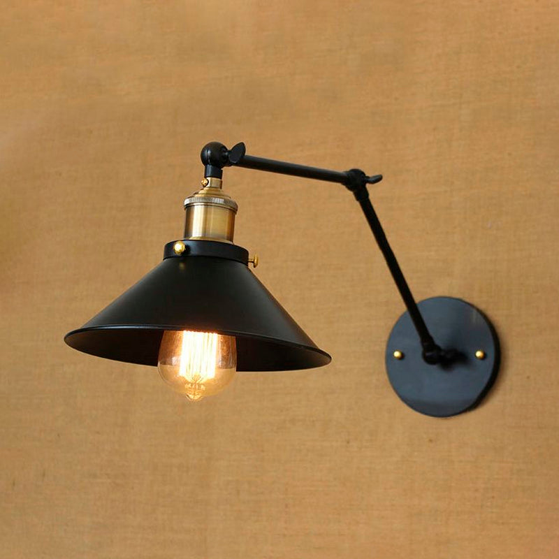 Vintage Black Finish Conic Sconce Light Fixture With Adjustable Metallic Arm - Ideal Wall Lighting
