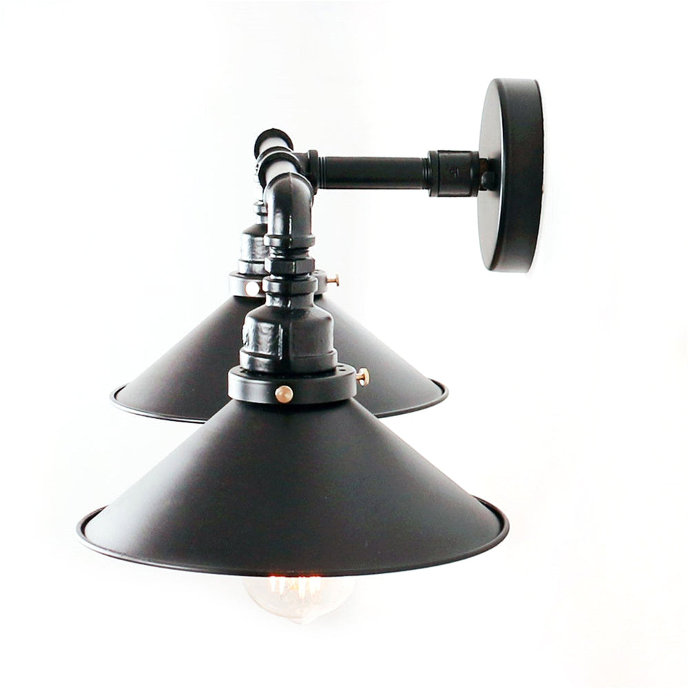 Industrial Black Cone Wall Sconce With 2 Metal Lights For Living Room