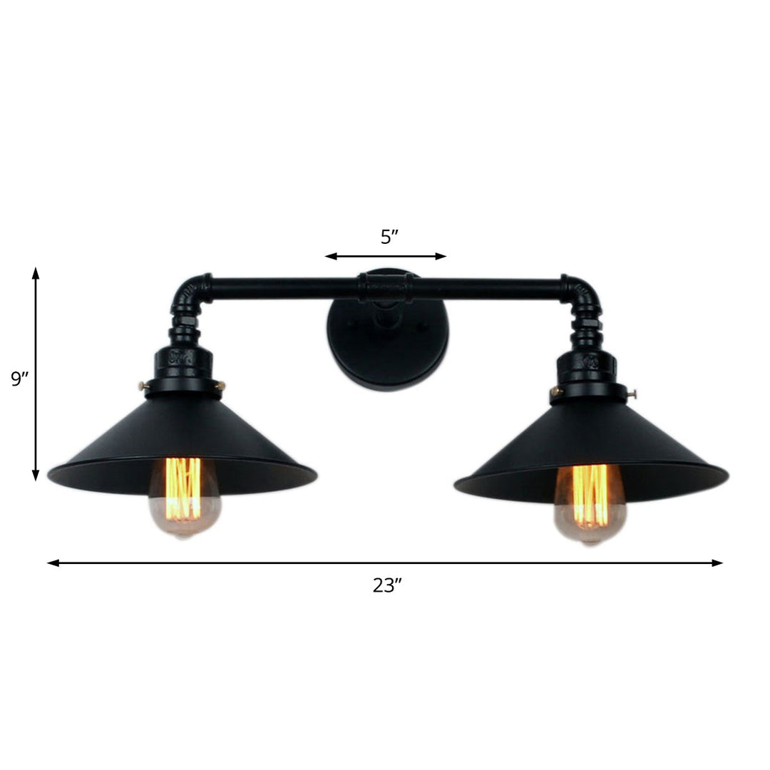 Industrial Black Cone Wall Sconce With 2 Metal Lights For Living Room