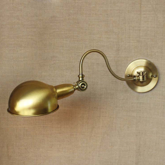 Vintage Brass Wall Sconce Light With Metallic Dome Shade And Gooseneck Arm