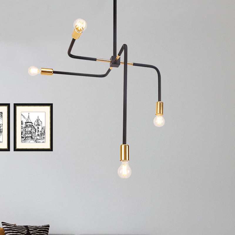 Postmodern Metal Hanging Chandelier With Curved Arms - Black Bare Bulbs Ideal For Living Room
