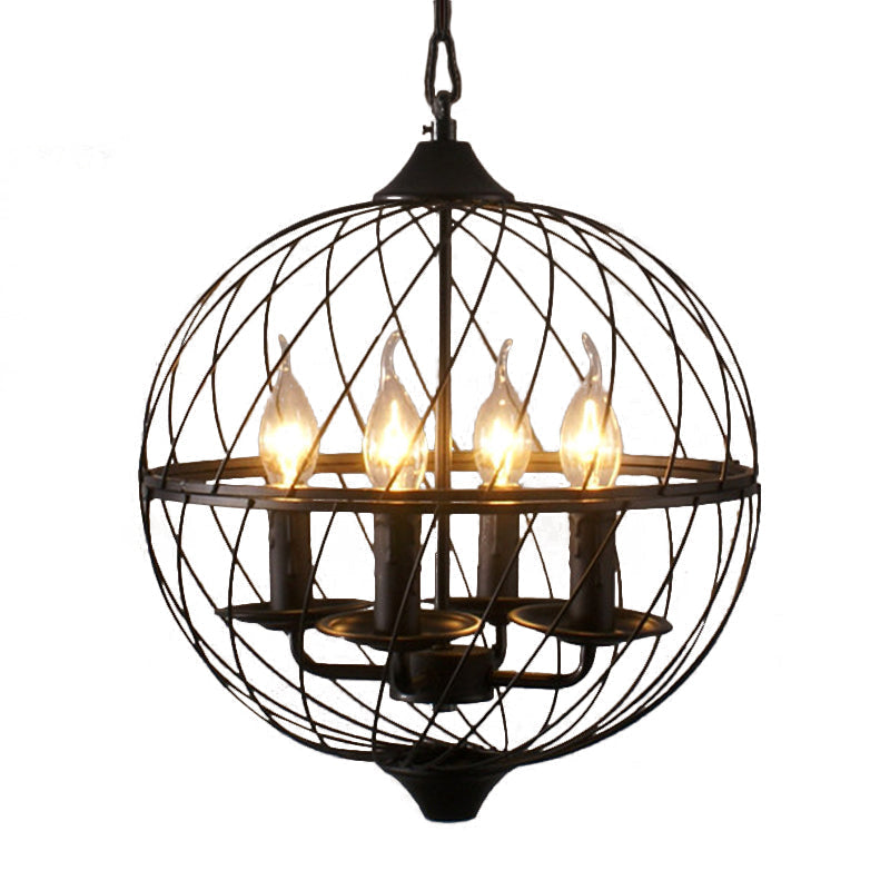 Industrial Iron Black Chandelier With Global Mesh Shade And Adjustable Chain - Perfect For Dining