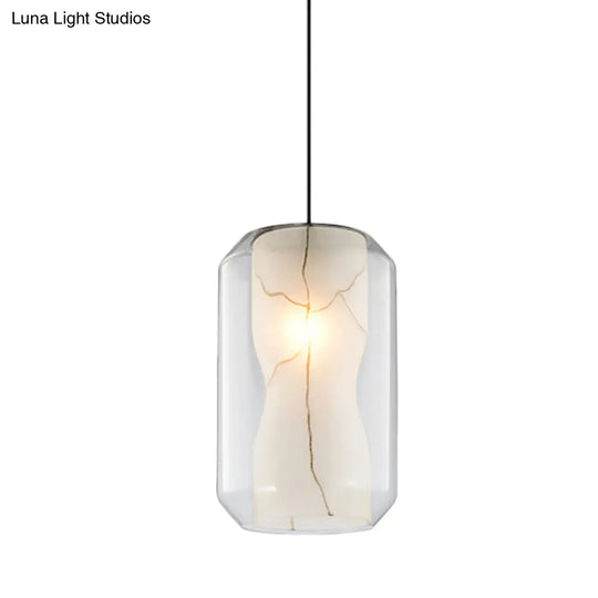 Sleek Glass Lantern Pendant Light With White Marble Shade - Modern Hanging Lamp Kit 8/10 Wide 1 Head