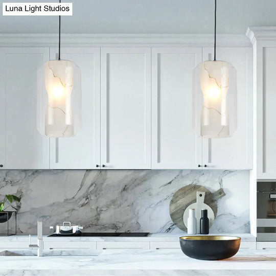 Sleek Glass Lantern Pendant Light With White Marble Shade - Modern Hanging Lamp Kit 8/10 Wide 1 Head