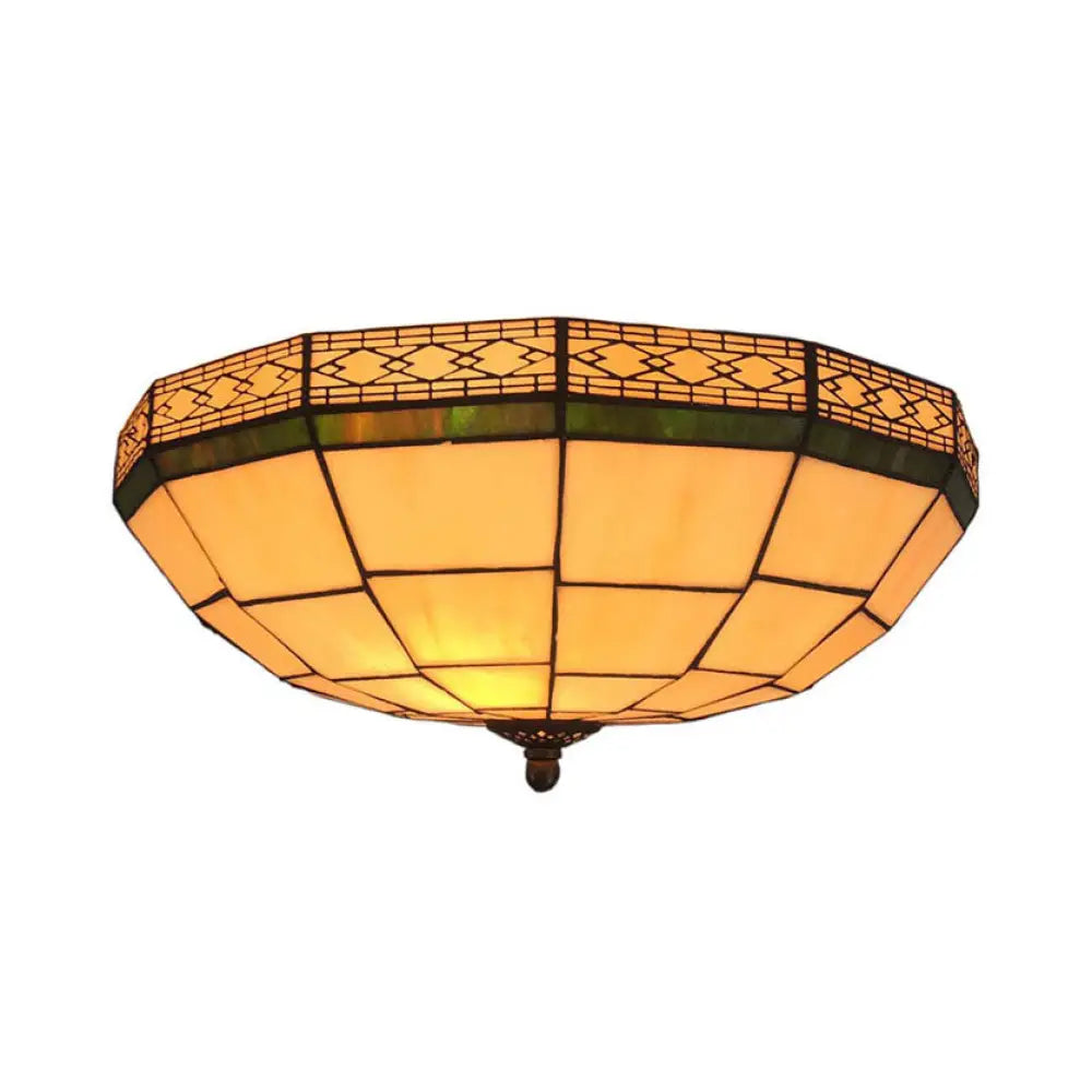 8’/10’ W Tiffany Flush Mount Ceiling Light With 3-Light Fixture In Beige Art Glass Dome Shade -