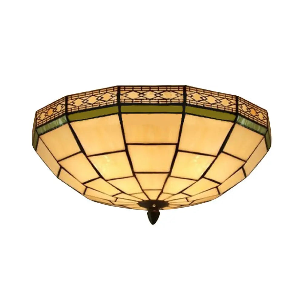 8’/10’ W Tiffany Flush Mount Ceiling Light With 3-Light Fixture In Beige Art Glass Dome Shade -