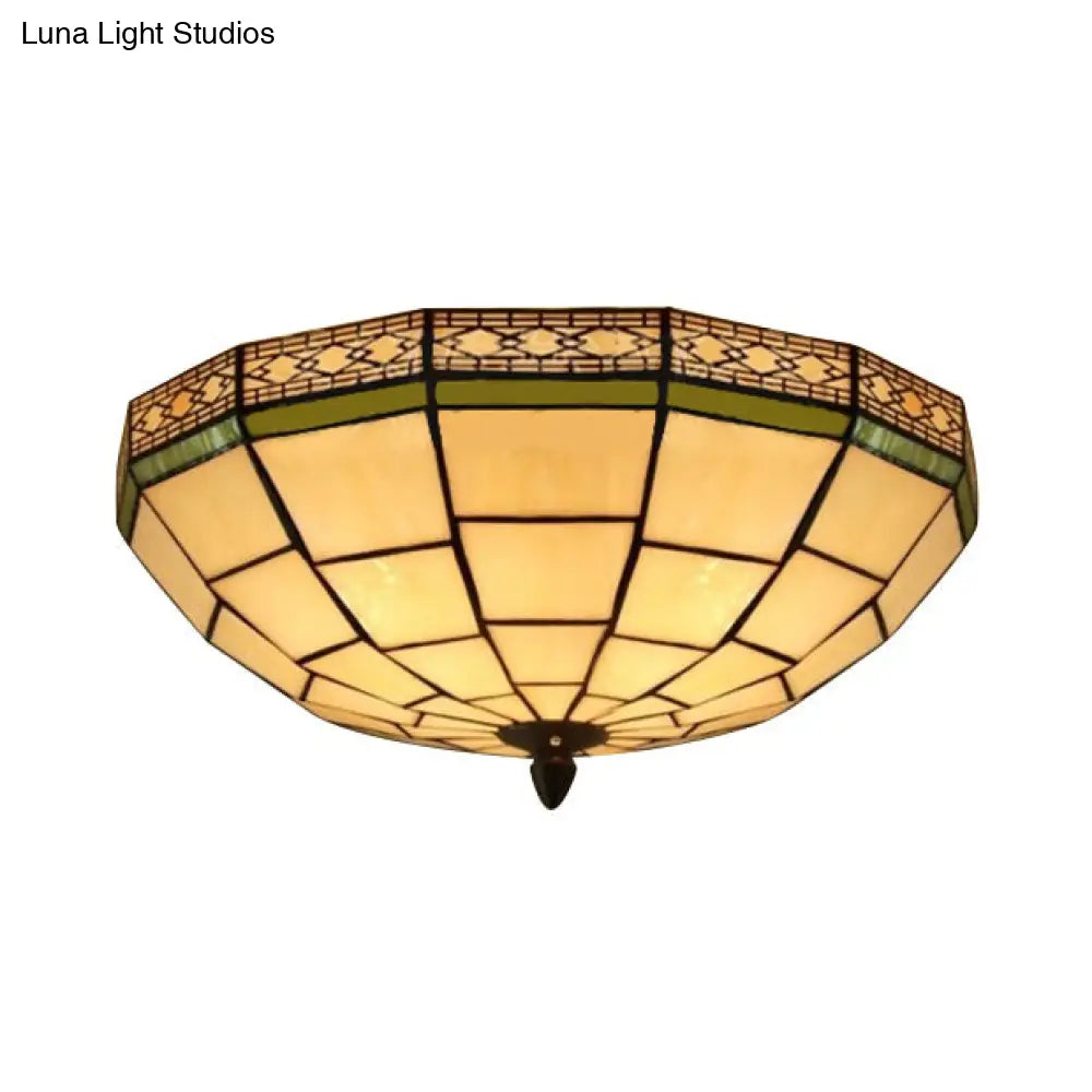 8/10 W Tiffany Flush Mount Ceiling Light With 3-Light Fixture In Beige Art Glass Dome Shade -