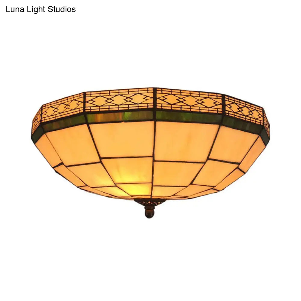 8/10 W Tiffany Flush Mount Ceiling Light With 3-Light Fixture In Beige Art Glass Dome Shade -