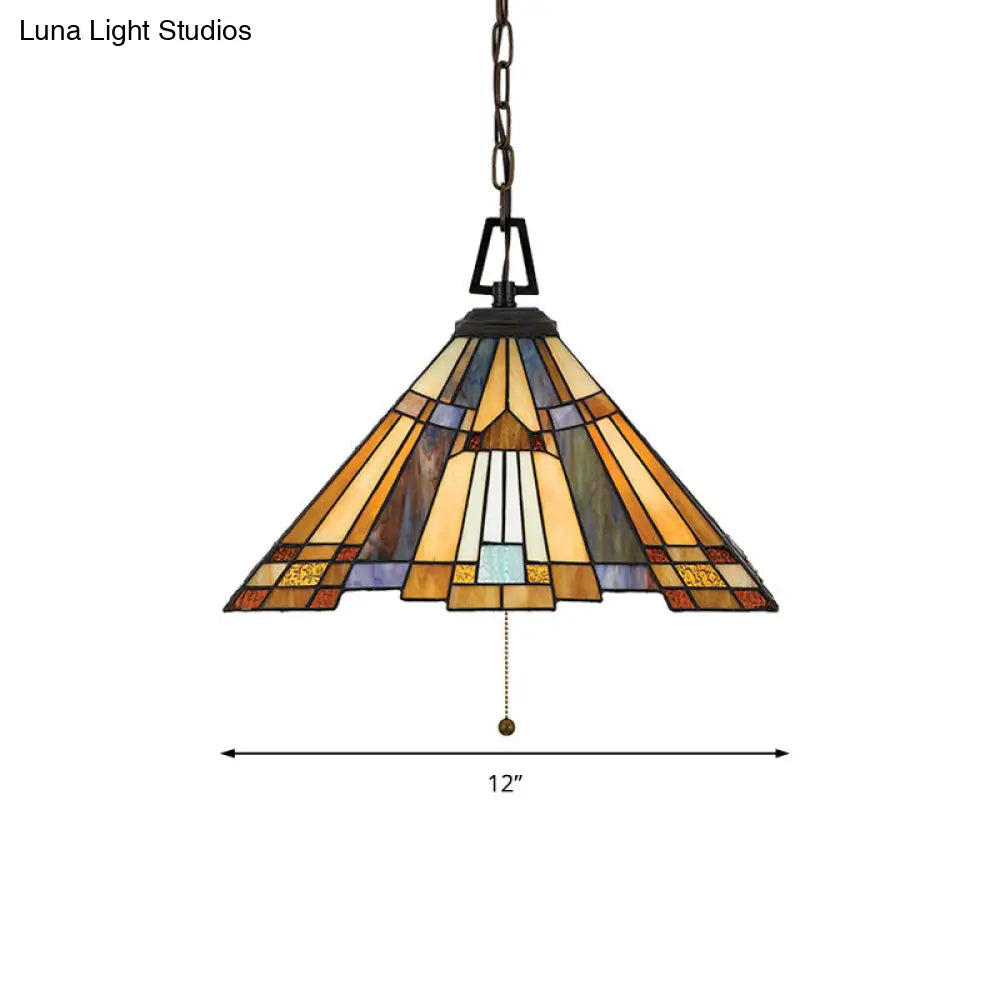 Tiffany Stained Glass Pendant Lamp - 8/12/16 Wide Tapered Design 1 Bulb Amber Glow For Bedroom