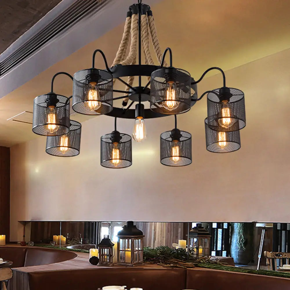8/12-Light Cylinder Chandelier With Black Metal Mesh And Rope Cord For Restaurants 8 /