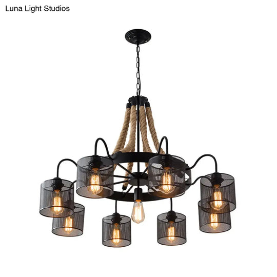 Industrial Mesh Cylinder Chandelier - 8/12-Light Factory Black Hanging Pendant For Restaurants Rope