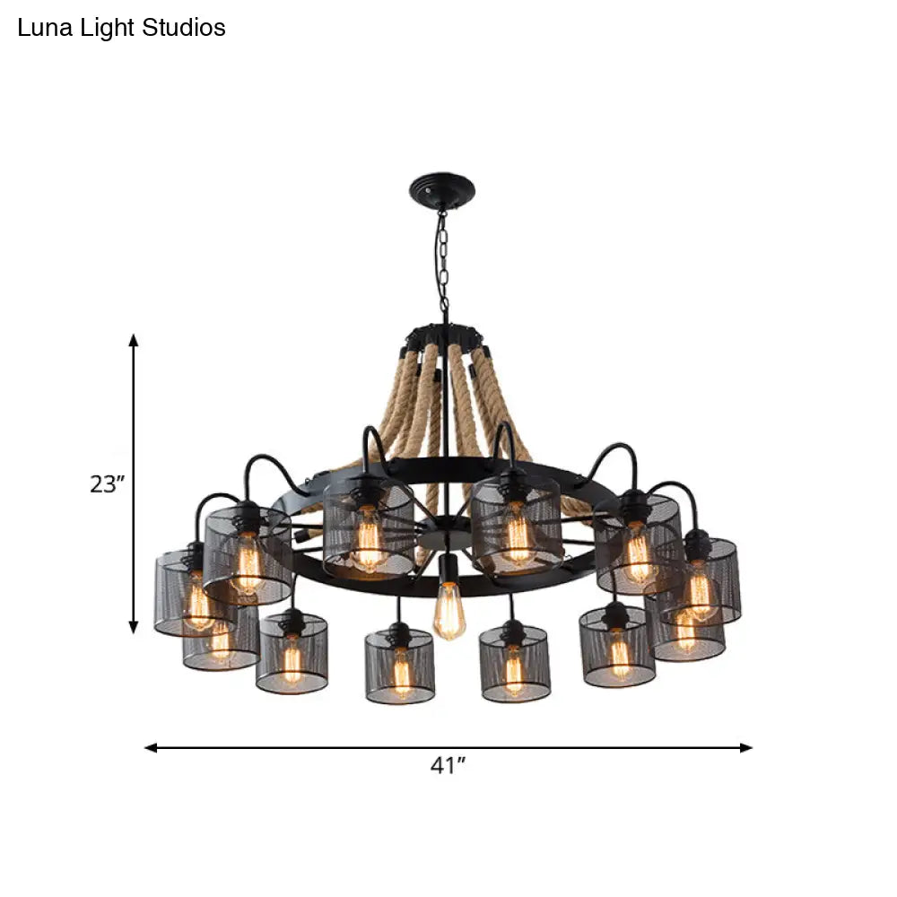 Industrial Mesh Cylinder Chandelier - 8/12-Light Factory Black Hanging Pendant For Restaurants Rope