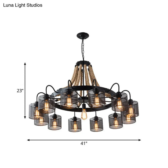 Industrial Mesh Cylinder Chandelier - 8/12-Light Factory Black Hanging Pendant For Restaurants Rope