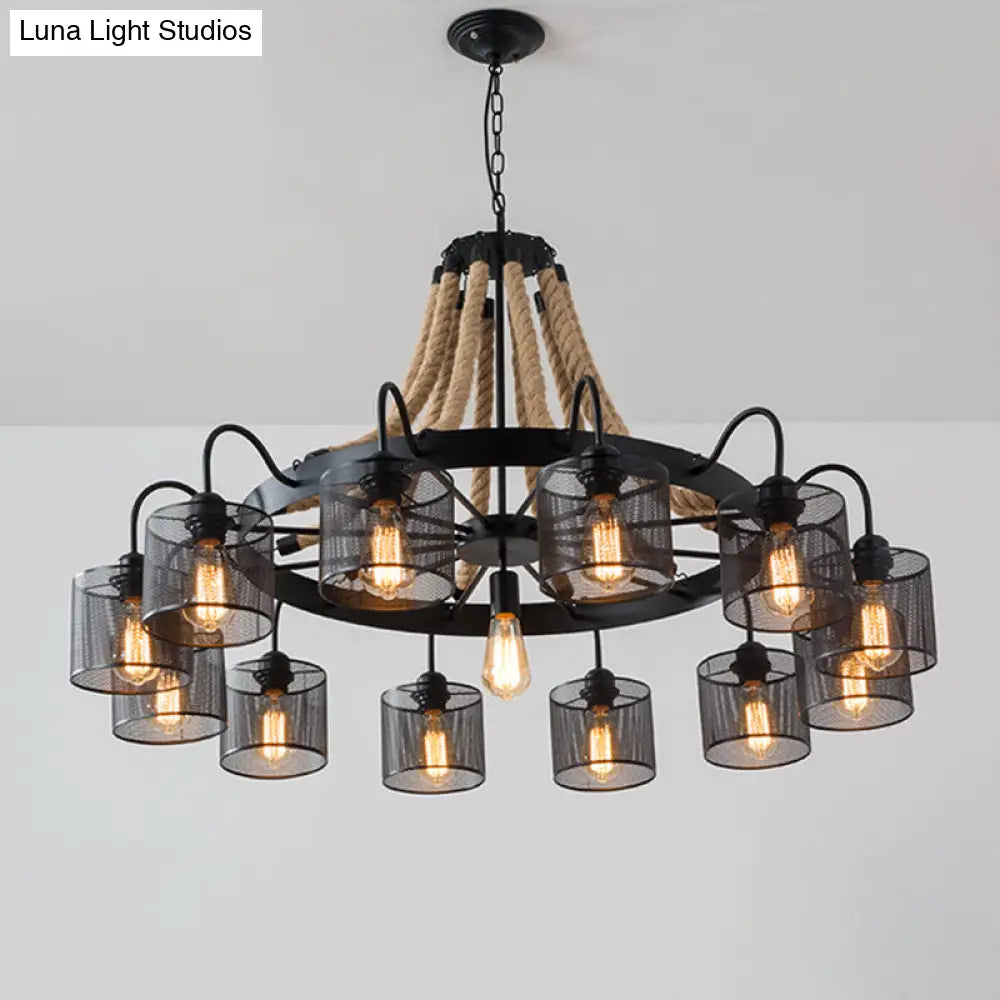 Industrial Mesh Cylinder Chandelier - 8/12-Light Factory Black Hanging Pendant For Restaurants Rope