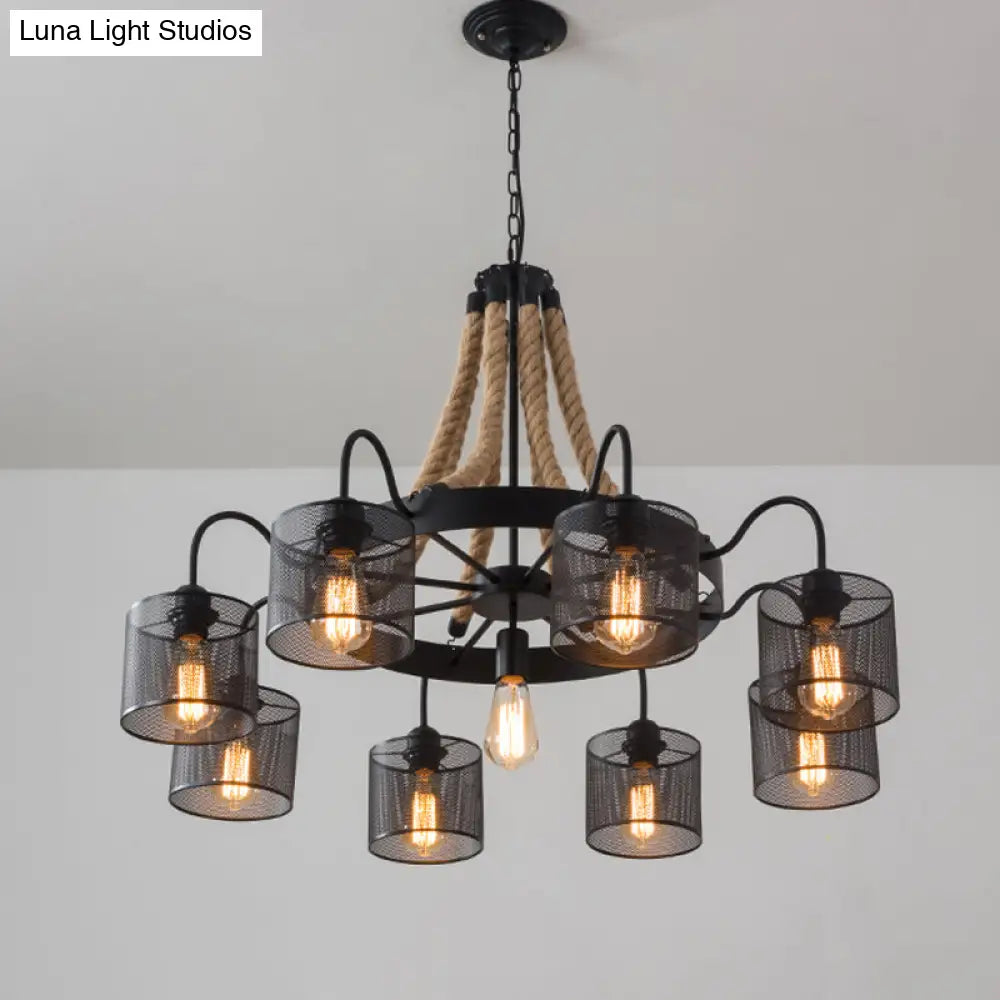8/12-Light Cylinder Chandelier With Black Metal Mesh And Rope Cord For Restaurants