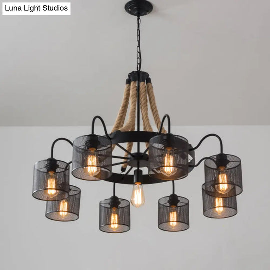 8/12-Light Cylinder Chandelier With Black Metal Mesh And Rope Cord For Restaurants