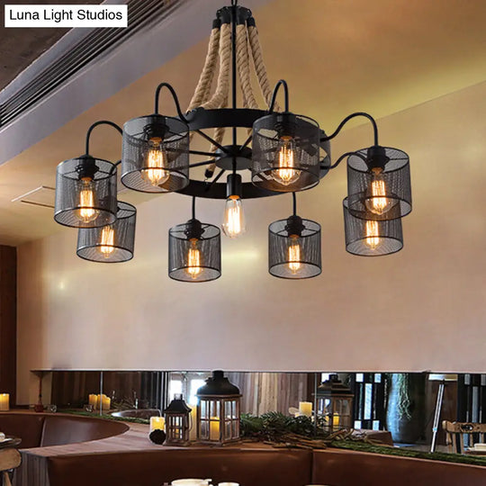 Industrial Mesh Cylinder Chandelier - 8/12-Light Factory Black Hanging Pendant For Restaurants Rope