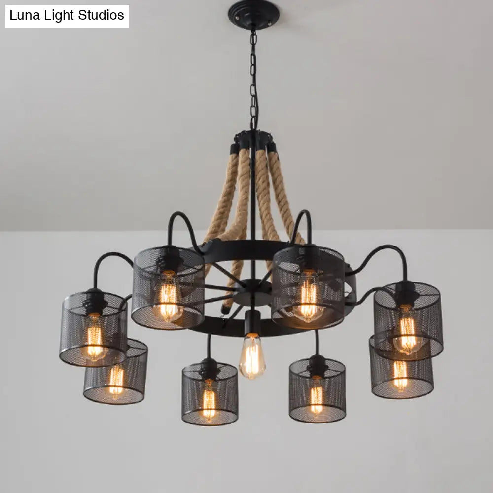 Industrial Mesh Cylinder Chandelier - 8/12-Light Factory Black Hanging Pendant For Restaurants Rope