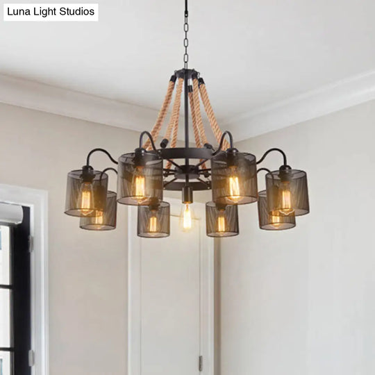 Industrial Mesh Cylinder Chandelier - 8/12-Light Factory Black Hanging Pendant For Restaurants Rope