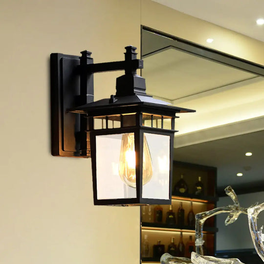 8.5/11 1-Bulb Wall Light Fixture Lodges Pavilion Clear Glass Mounted Lighting - Black Finish / 8.5