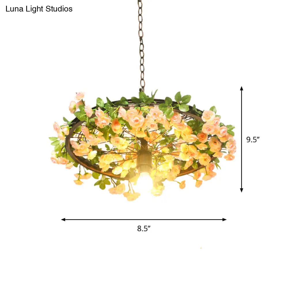 8.5/15 W Wheel Drop Lamp: Factory Iron Pendant With Pink/Blue Down Lighting Artificial Flower Decor