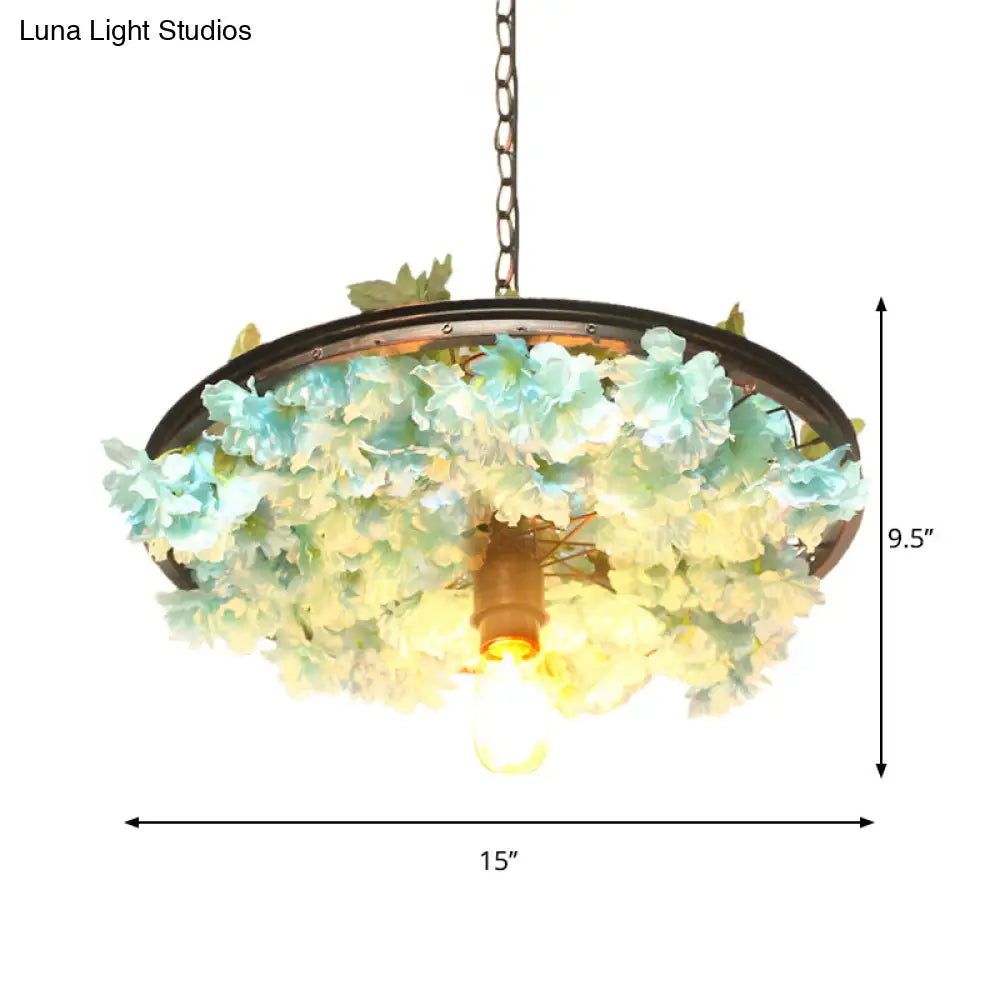 8.5’/15’ W Wheel Restaurant Lamp: Iron Pendant With Down Lighting + Artificial Flower Decor (1