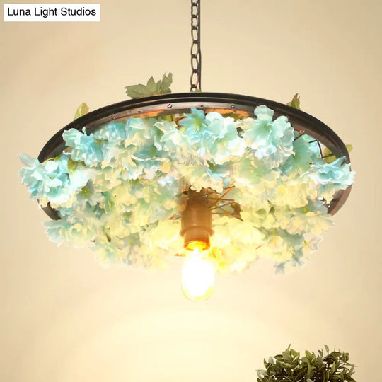 8.5/15 W Wheel Drop Lamp: Factory Iron Pendant With Pink/Blue Down Lighting Artificial Flower Decor