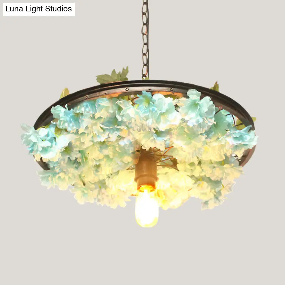 8.5/15 W Wheel Drop Lamp: Factory Iron Pendant With Pink/Blue Down Lighting Artificial Flower Decor