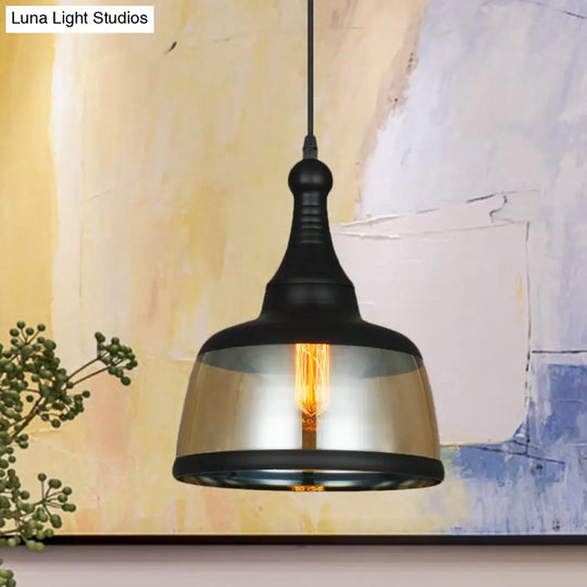 8’/8.5’ Wide Industrial Cylinder Pendant Light - 1-Light Amber Glass Hanging Lamp In Black