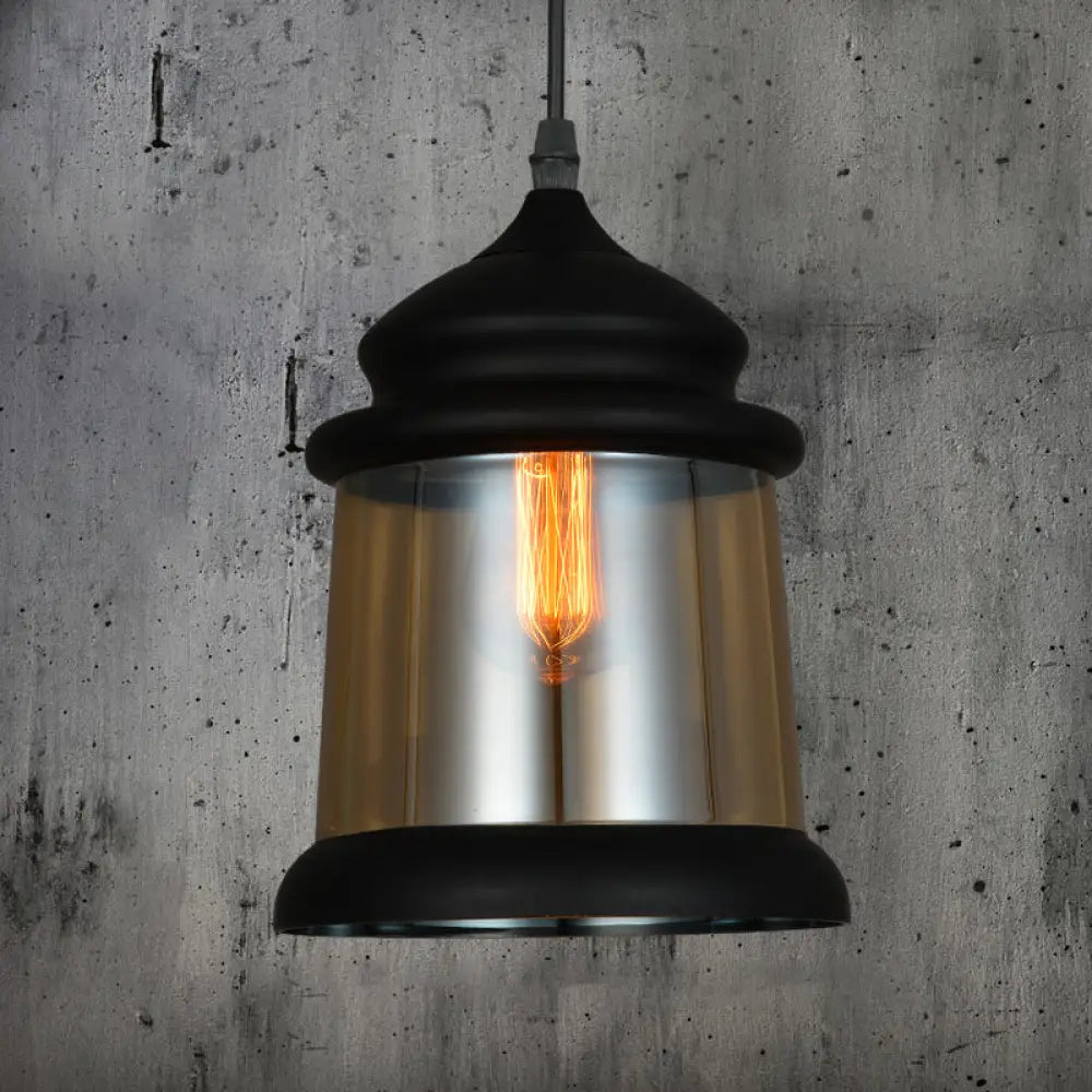 8’/8.5’ Wide Industrial Cylinder Pendant Light - 1-Light Amber Glass Hanging Lamp In Black / 8’