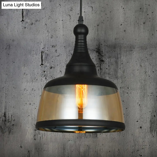 8/8.5 Wide Cylinder Pendant Light - Industrial Amber Glass Hanging Lamp In Black / 8.5