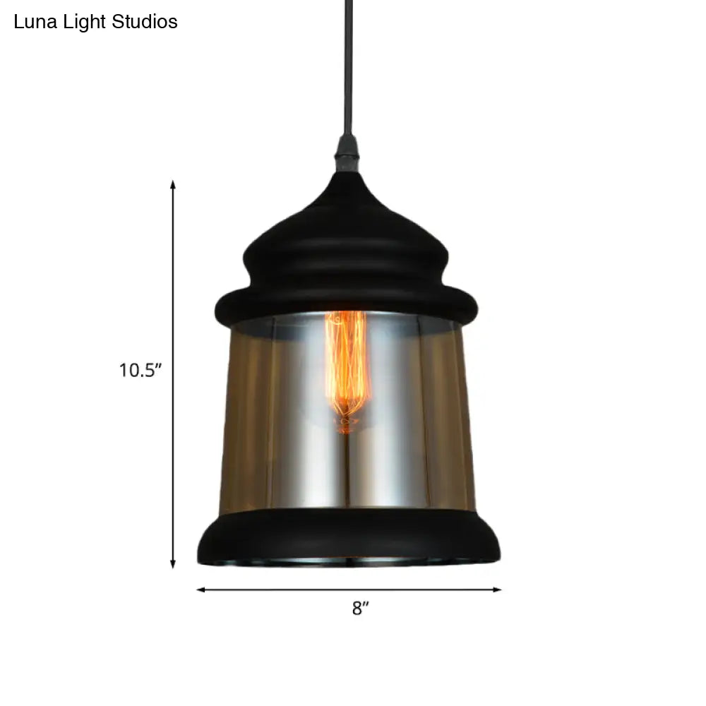 8’/8.5’ Wide Industrial Cylinder Pendant Light - 1-Light Amber Glass Hanging Lamp In Black