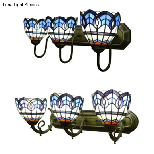 8/9 Stained Glass Bowl Wall Light - Baroque 3-Light Bathroom Sconce In Blue