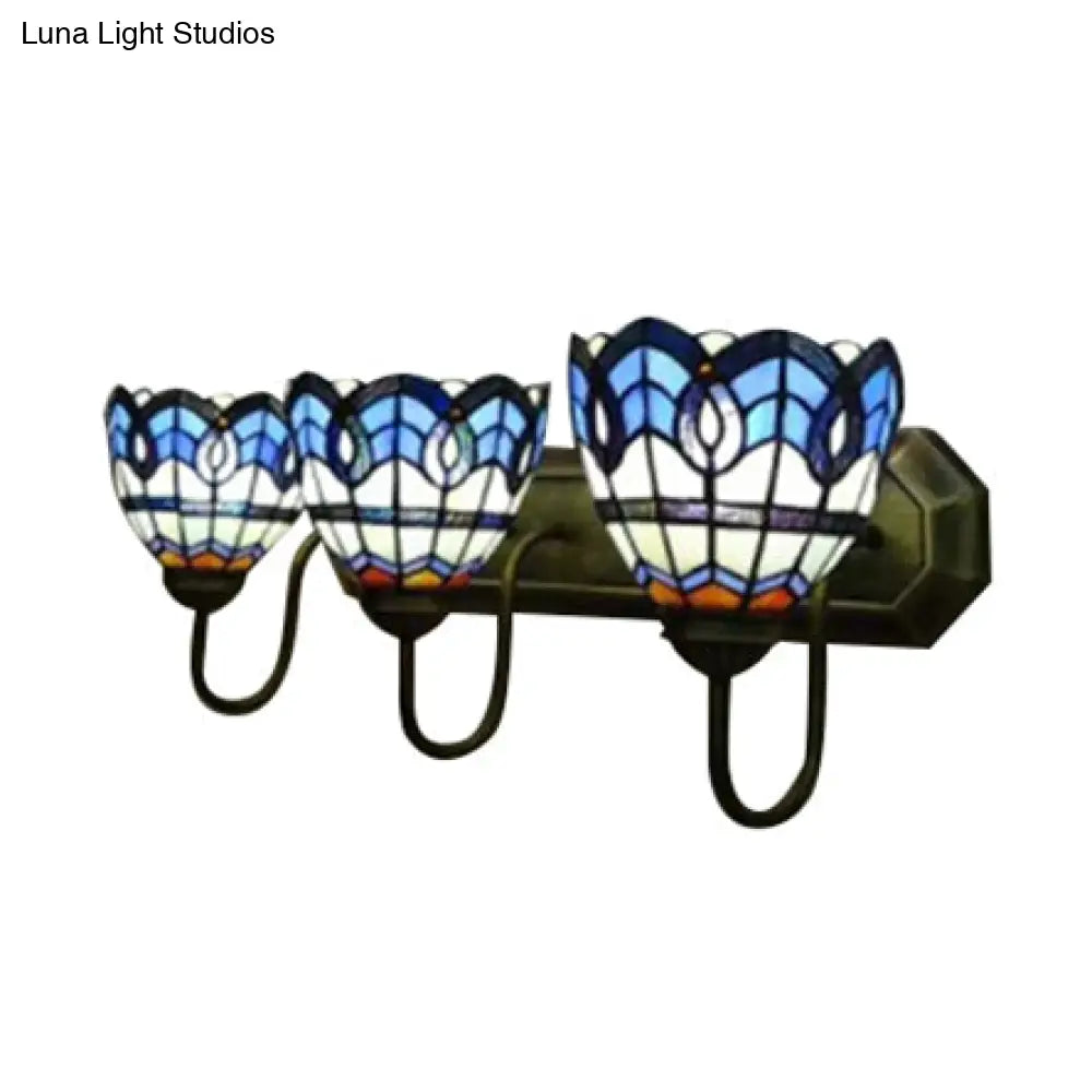 8/9 Stained Glass Bowl Wall Light - Baroque 3-Light Bathroom Sconce In Blue