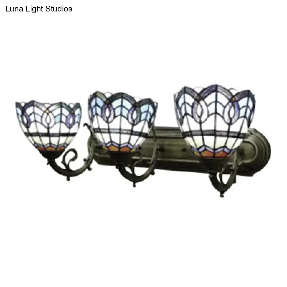 8/9 Stained Glass Bowl Wall Light - Baroque 3-Light Bathroom Sconce In Blue