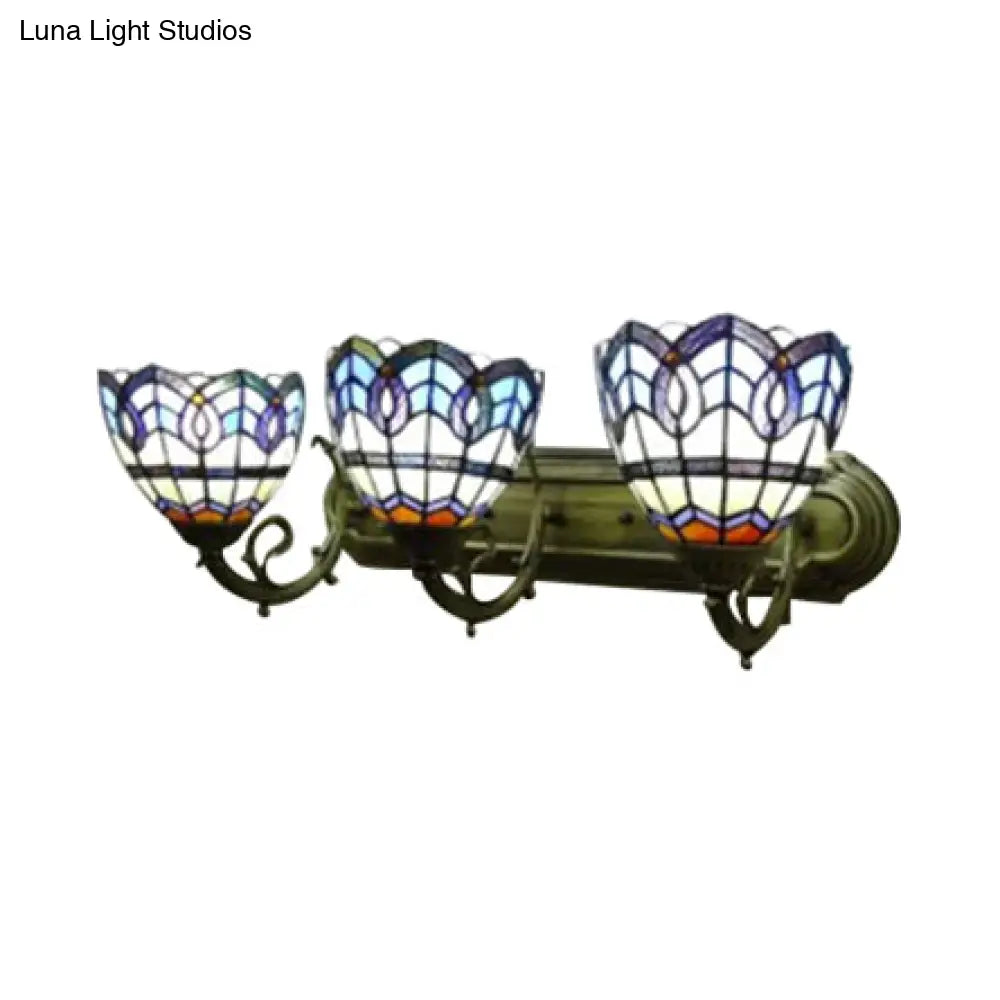 8/9 Stained Glass Bowl Wall Light - Baroque 3-Light Bathroom Sconce In Blue