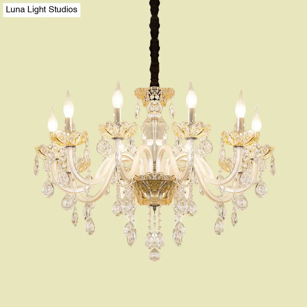 8-Bulb Clear Crystal Chandelier: Traditional White Candlestick Pendant For Living Room Ceiling