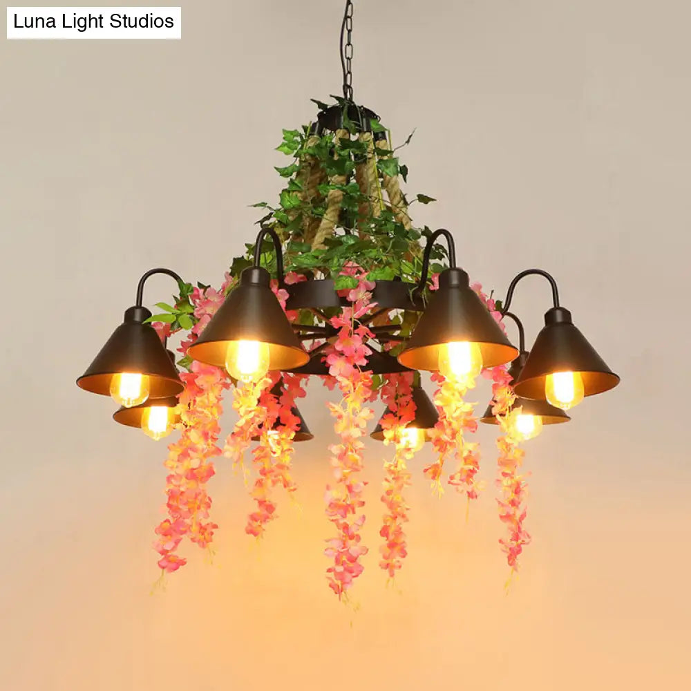 8-Head Black Chandelier Lamp: Antique Metal Blossom Design With Led Down Lighting - Perfect For