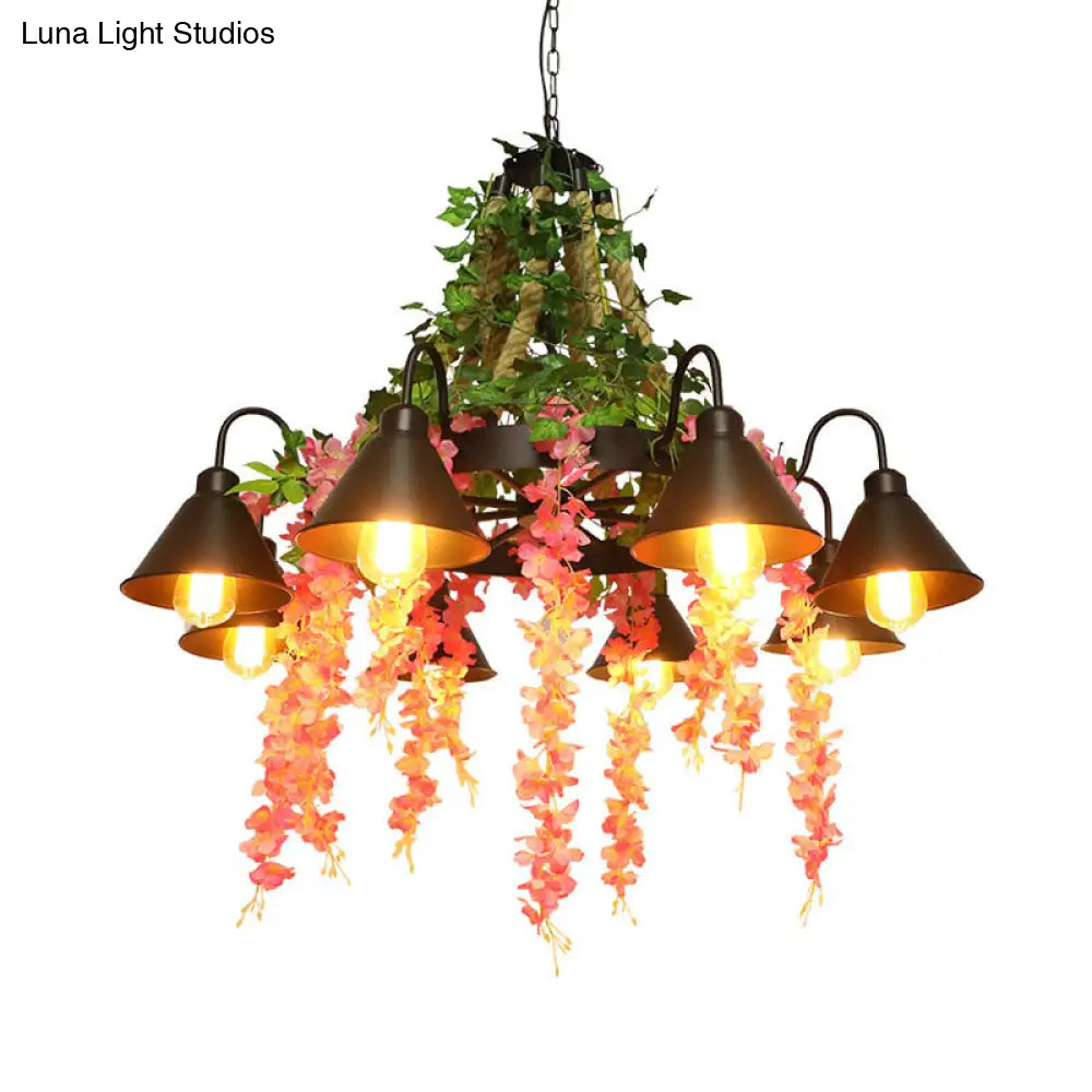 8-Head Black Chandelier Lamp: Antique Metal Blossom Design With Led Down Lighting - Perfect For