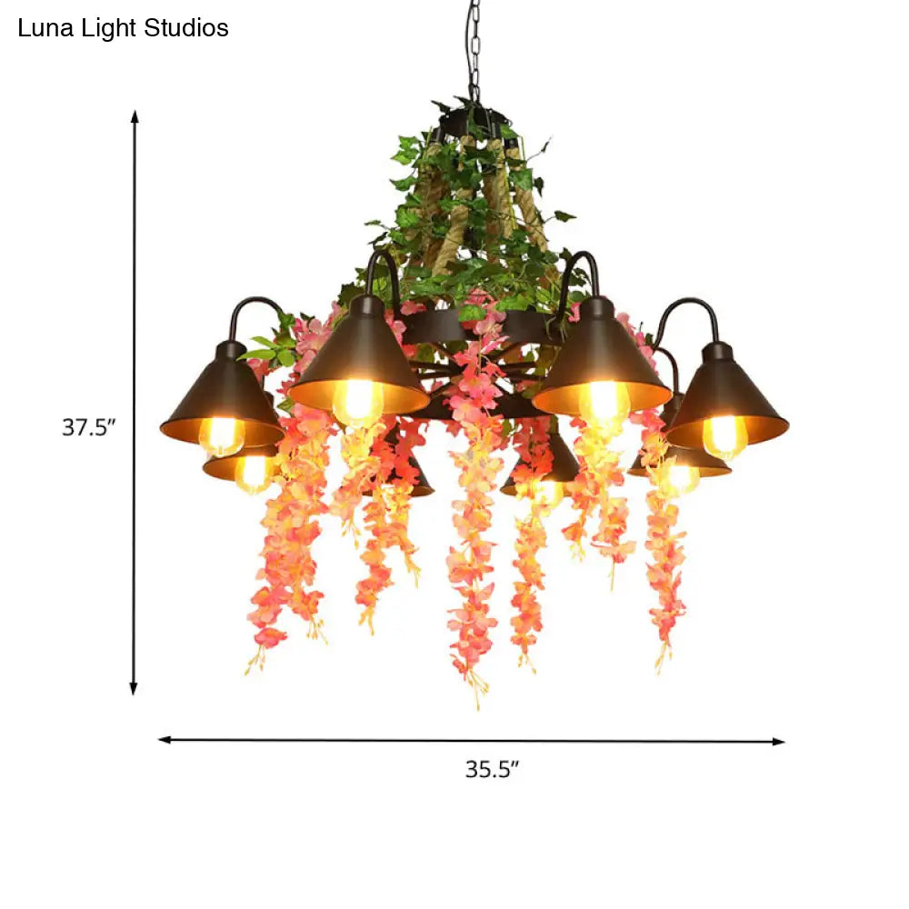 8-Head Black Chandelier Lamp: Antique Metal Blossom Design With Led Down Lighting - Perfect For