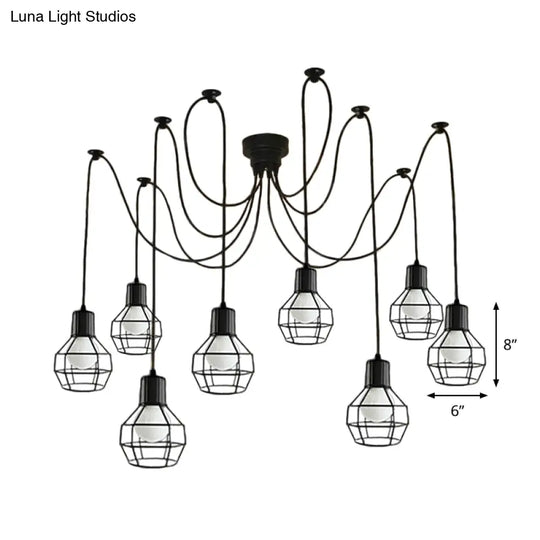 8-Head Black Iron Industrial Pendant Light With Ball Cage Swag Design For Living Room