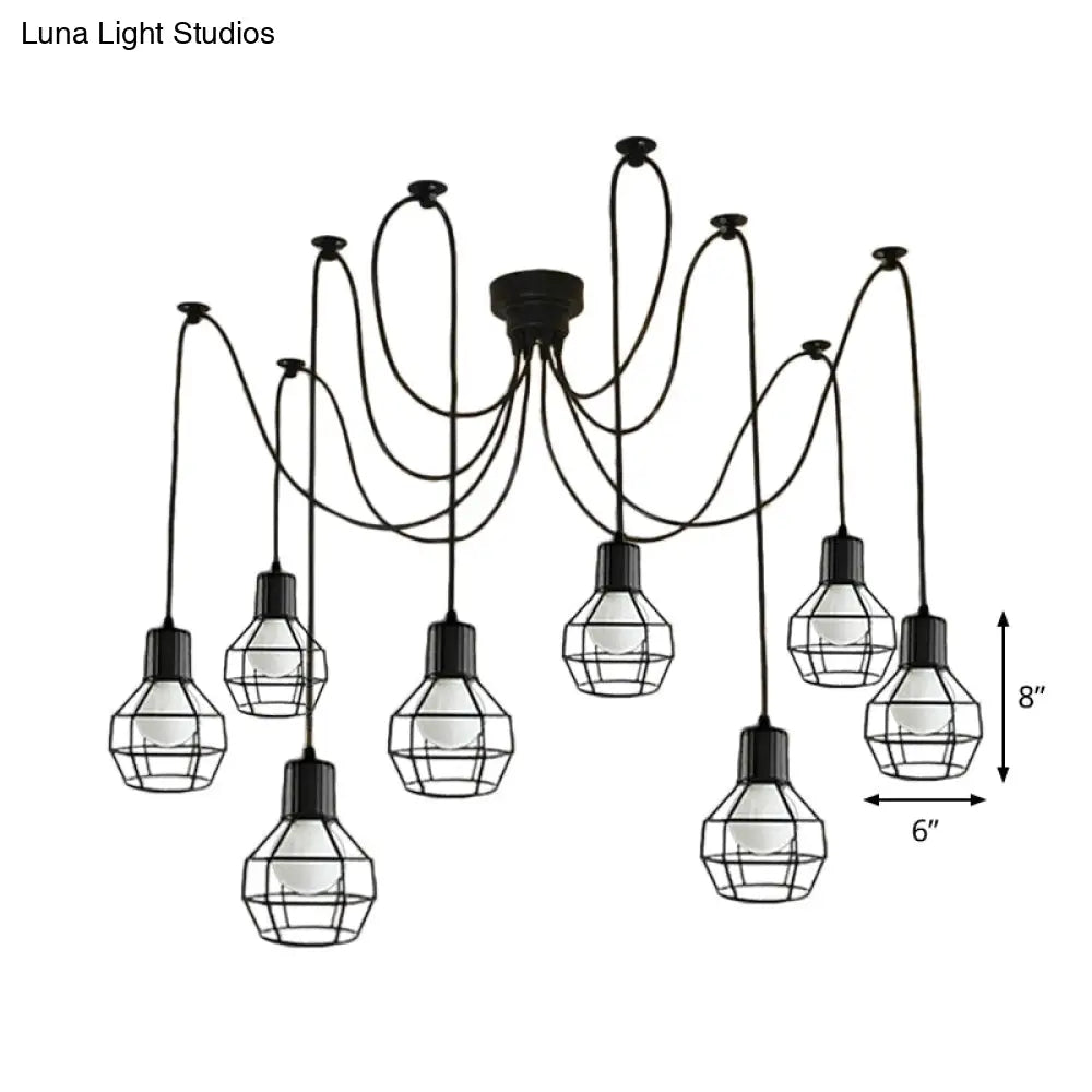 8-Head Industrial Ball Cage Swag Pendant Light In Black For Living Room Decor