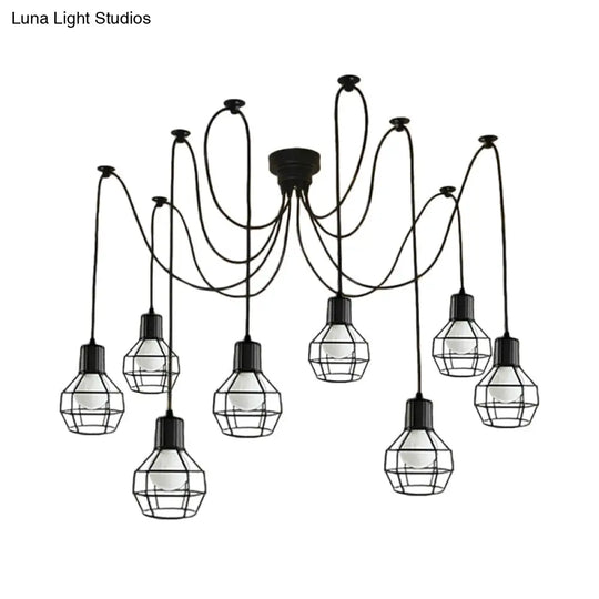 8-Head Industrial Ball Cage Swag Pendant Light In Black For Living Room Decor
