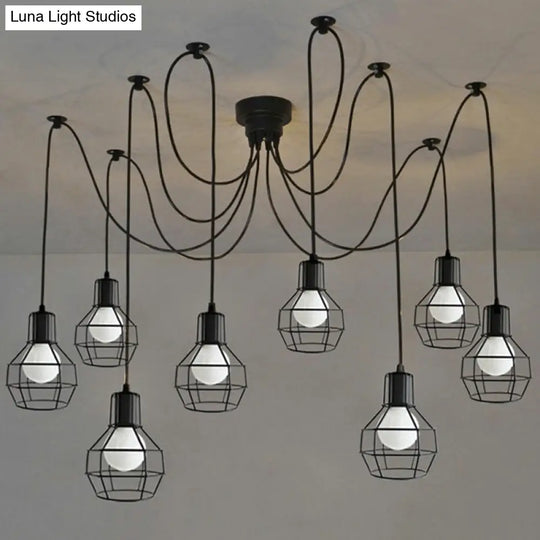 8-Head Black Iron Industrial Pendant Light With Ball Cage Swag Design For Living Room