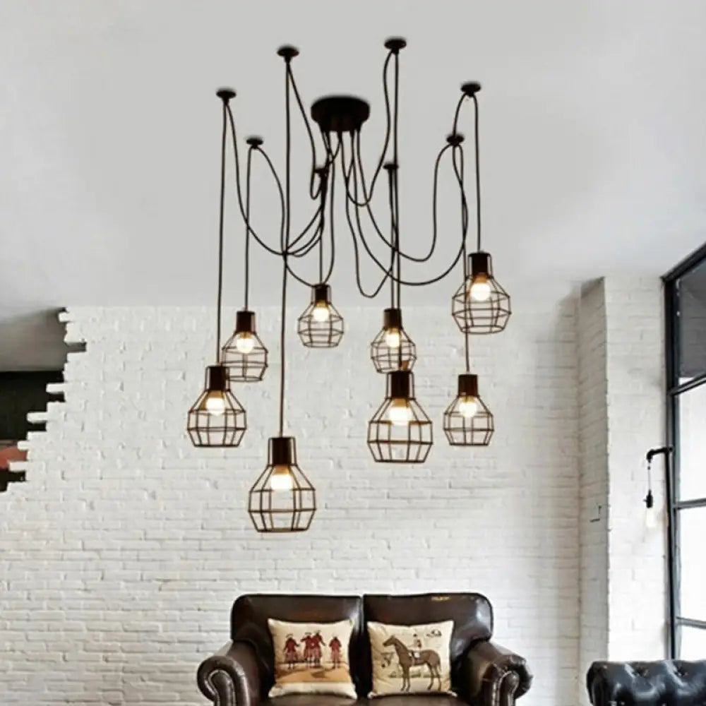 8-Head Black Iron Industrial Pendant Light With Ball Cage Swag Design For Living Room
