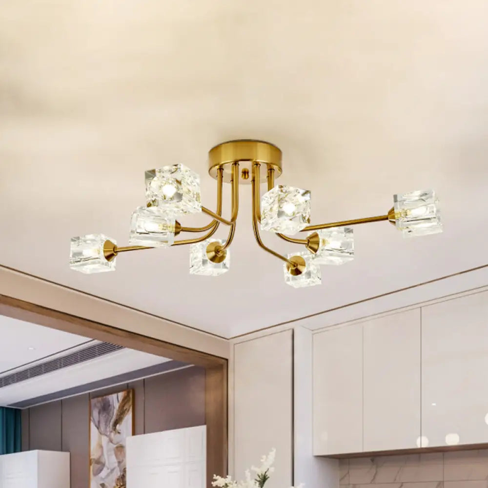 8 - Head Cubic Crystal Ceiling Light Fixture In Gold - Postmodern Curved Arm Semi Flush Mount Gold