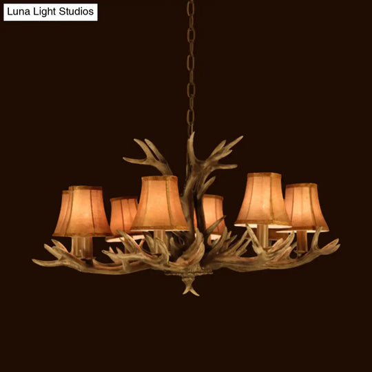 8-Head Faux Antler Pendant Lamp With Rural Brown Fabric Shade - Chandelier Lighting For Dining Room