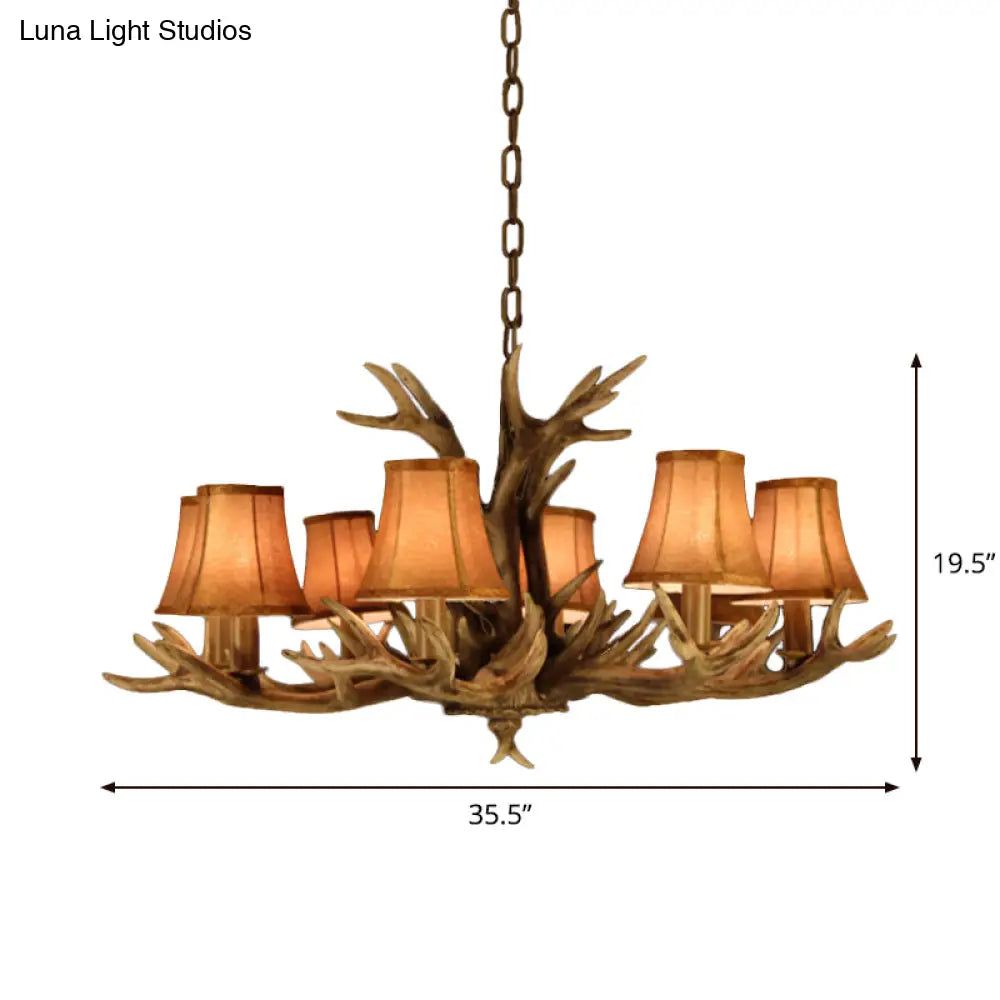 8-Head Faux Antler Pendant Lamp With Rural Brown Fabric Shade - Chandelier Lighting For Dining Room