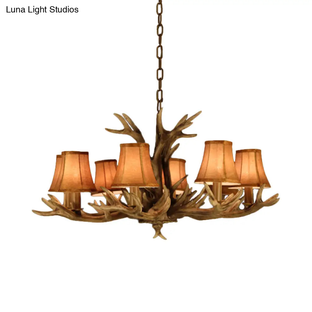 8-Head Faux Antler Pendant Lamp With Rural Brown Fabric Shade - Chandelier Lighting For Dining Room